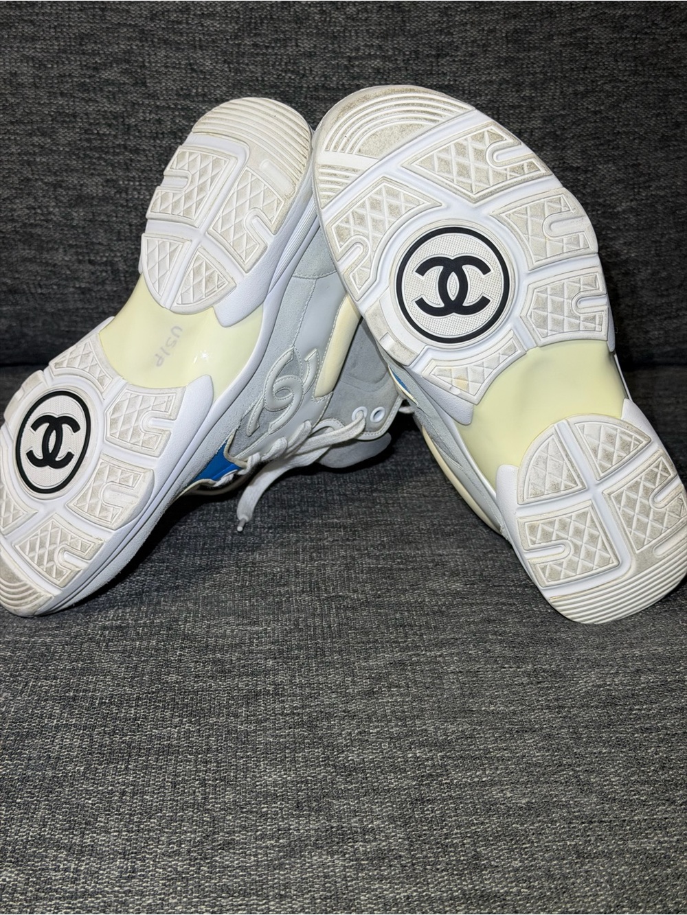 Chanel 18P Blue White Grey CC Logo High Top Trainer Sneakers Women Size US SZ 7 - Picture 9 of 13
